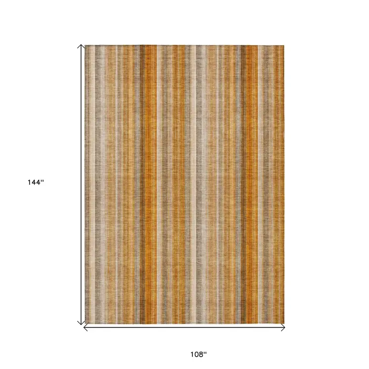 9' X 12' Orange Ivory and Gray Striped Washable Non Skid Indoor Outdoor Area Rug