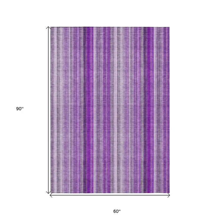 5' X 8' Purple Striped Washable Non Skid Indoor Outdoor Area Rug