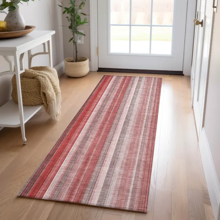 8' Runner Gray Pink and Red Striped Washable Non Skid Indoor Outdoor Runner Rug