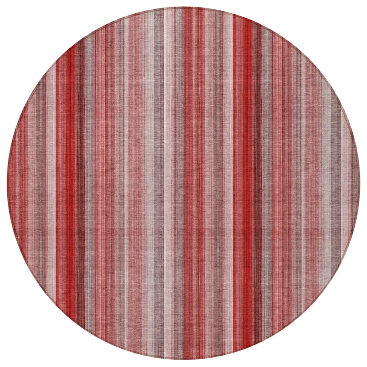 8' Round Gray Pink and Red Round Striped Washable Non Skid Indoor Outdoor Area Rug