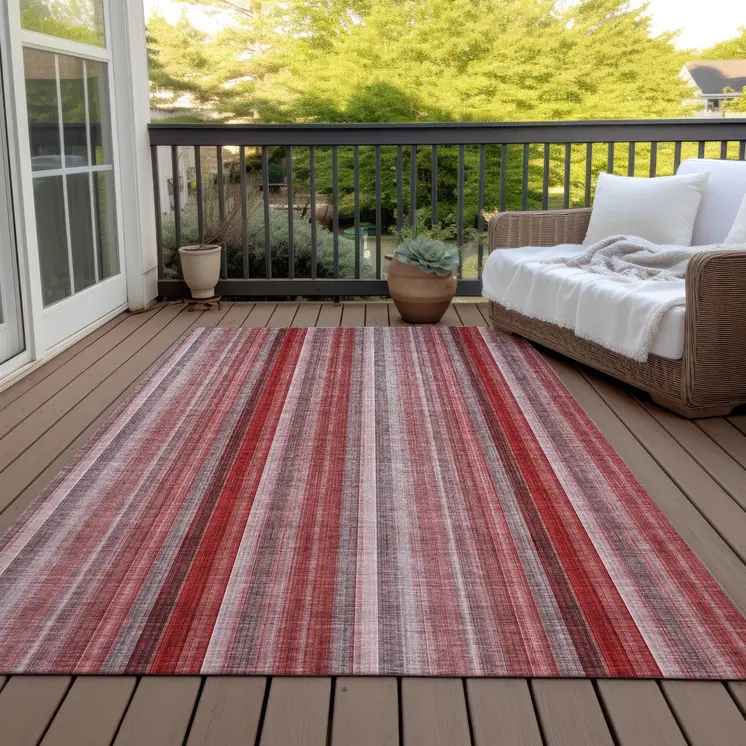 8' X 10' Gray Pink and Red Striped Washable Non Skid Indoor Outdoor Area Rug