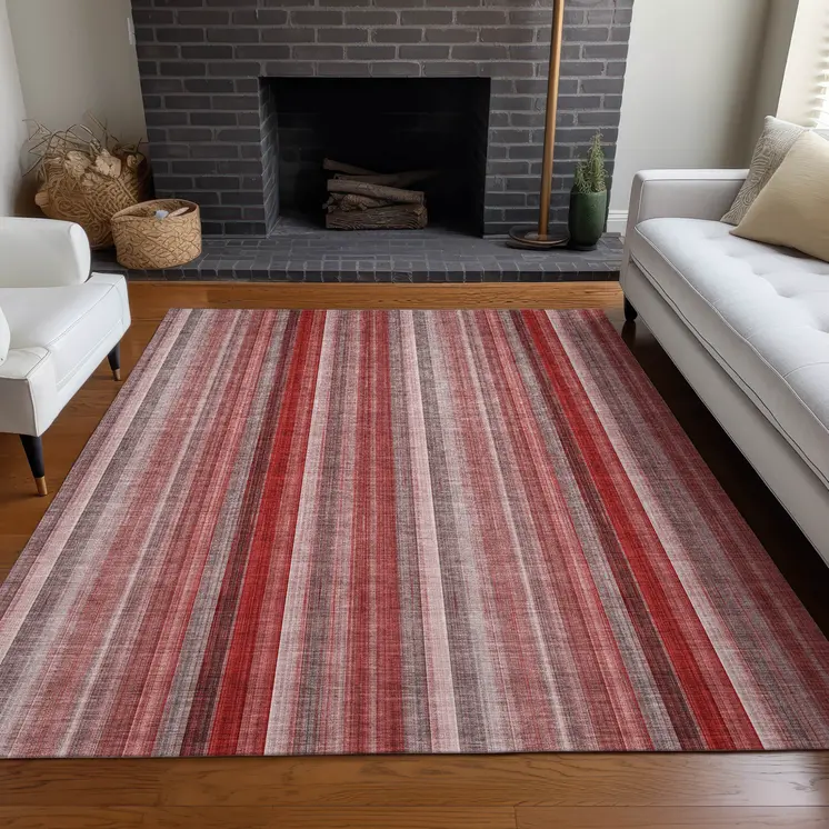 8' X 10' Gray Pink and Red Striped Washable Non Skid Indoor Outdoor Area Rug