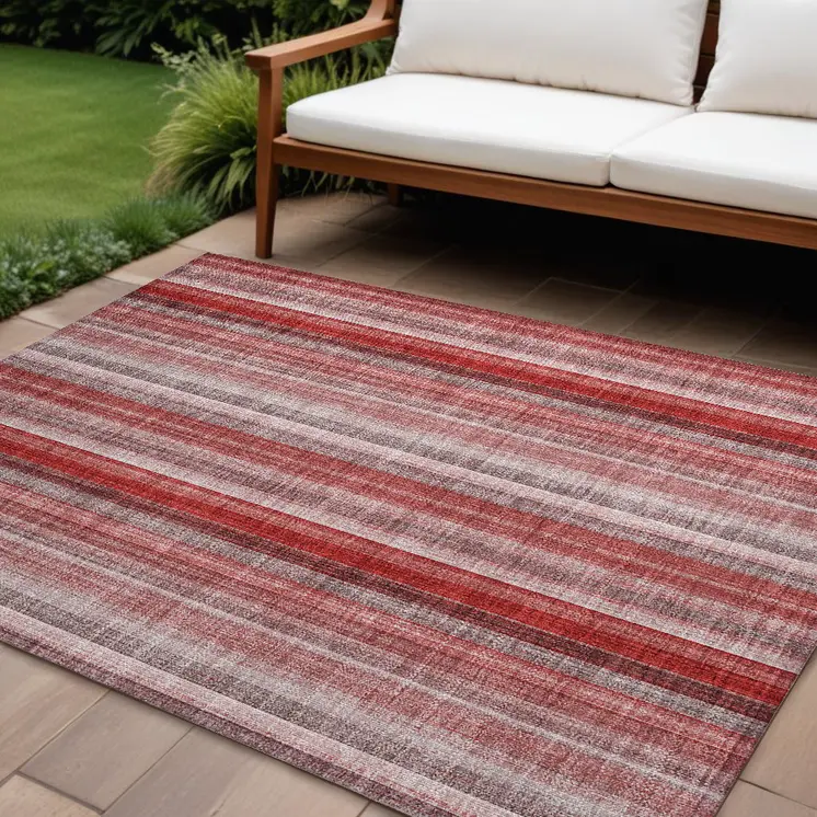 10' X 14' Gray Pink and Red Striped Washable Non Skid Indoor Outdoor Area Rug