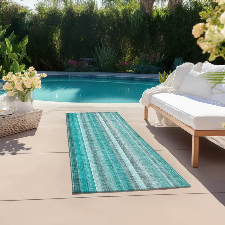 8' Runner Teal and Gray Striped Washable Non Skid Indoor Outdoor Runner Rug