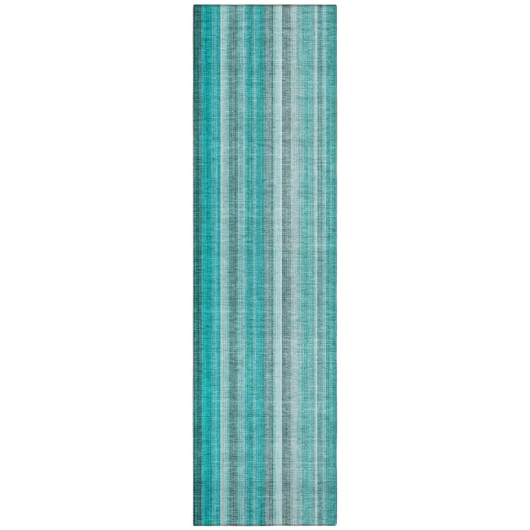8' Runner Teal and Gray Striped Washable Non Skid Indoor Outdoor Runner Rug