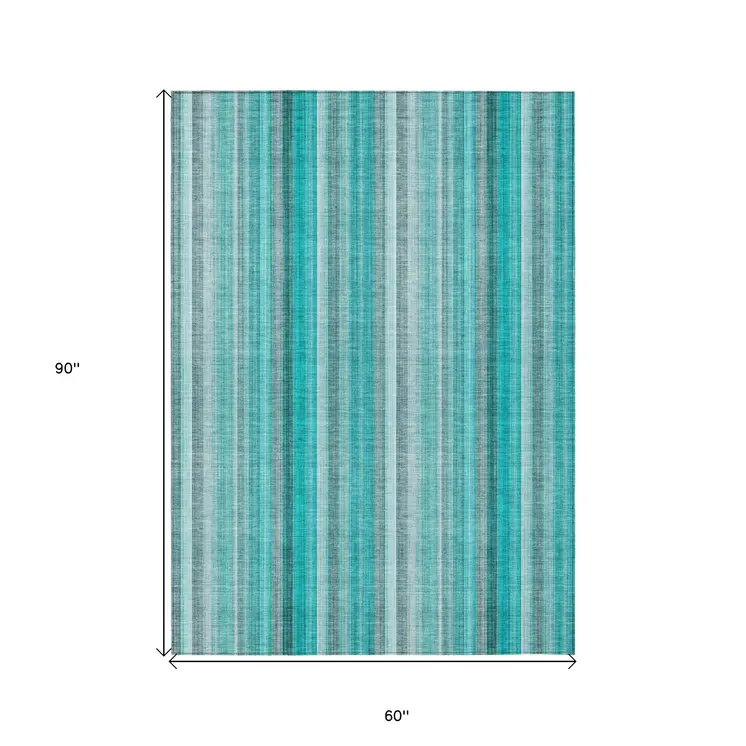5' X 8' Teal and Gray Striped Washable Non Skid Indoor Outdoor Area Rug