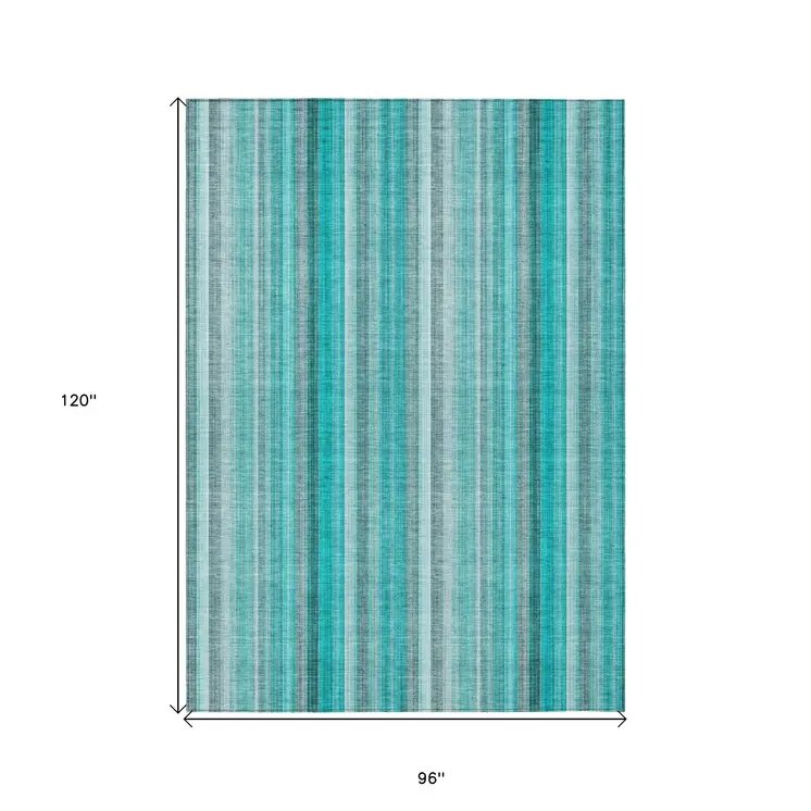8' X 10' Teal and Gray Striped Washable Non Skid Indoor Outdoor Area Rug