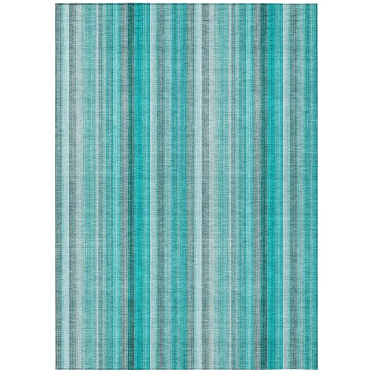 10' X 14' Teal and Gray Striped Washable Non Skid Indoor Outdoor Area Rug