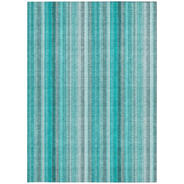 10' X 14' Teal and Gray Striped Washable Non Skid Indoor Outdoor Area Rug