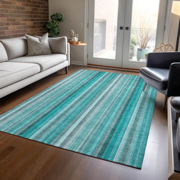 10' X 14' Teal and Gray Striped Washable Non Skid Indoor Outdoor Area Rug