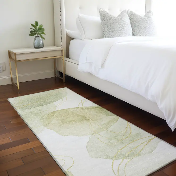2' X 8' Green and Ivory Abstract Washable Non Skid Indoor Outdoor Runner Rug