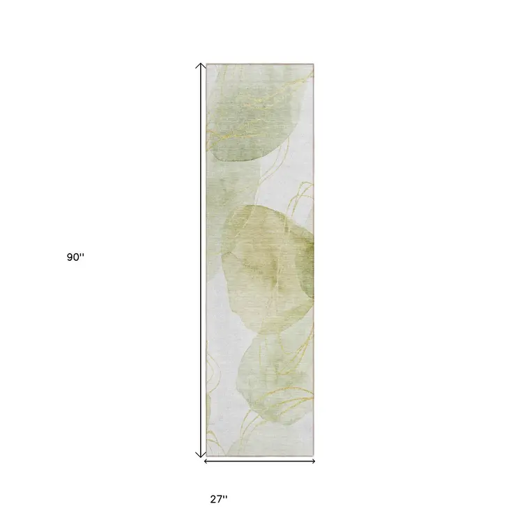 2' X 8' Green and Ivory Abstract Washable Non Skid Indoor Outdoor Runner Rug