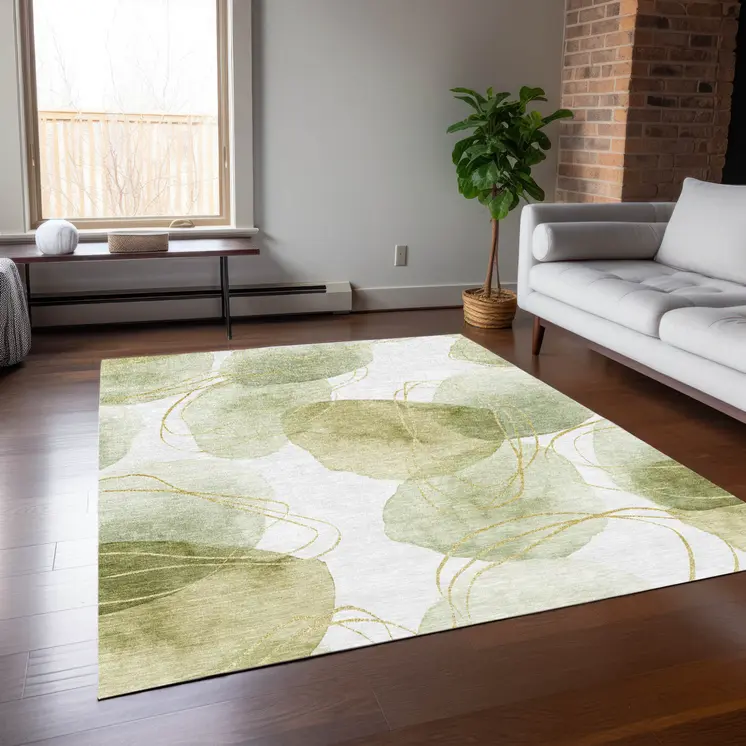 10' X 14' Green And Ivory Abstract Washable Indoor Outdoor Area Rug