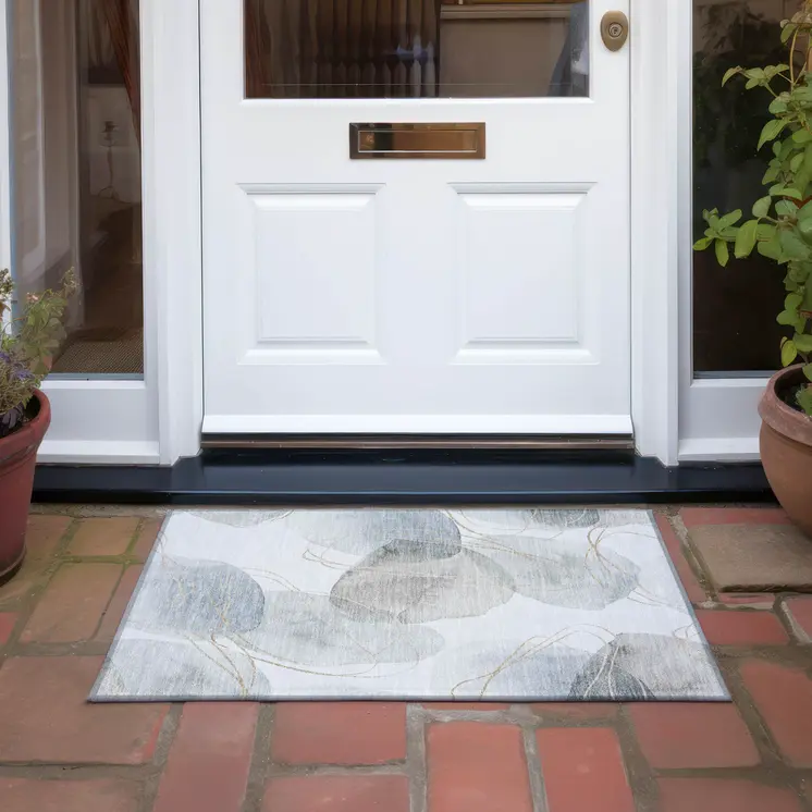 2' X 3' Ivory Blue and Gray Abstract Washable Non Skid Indoor Outdoor Area Rug