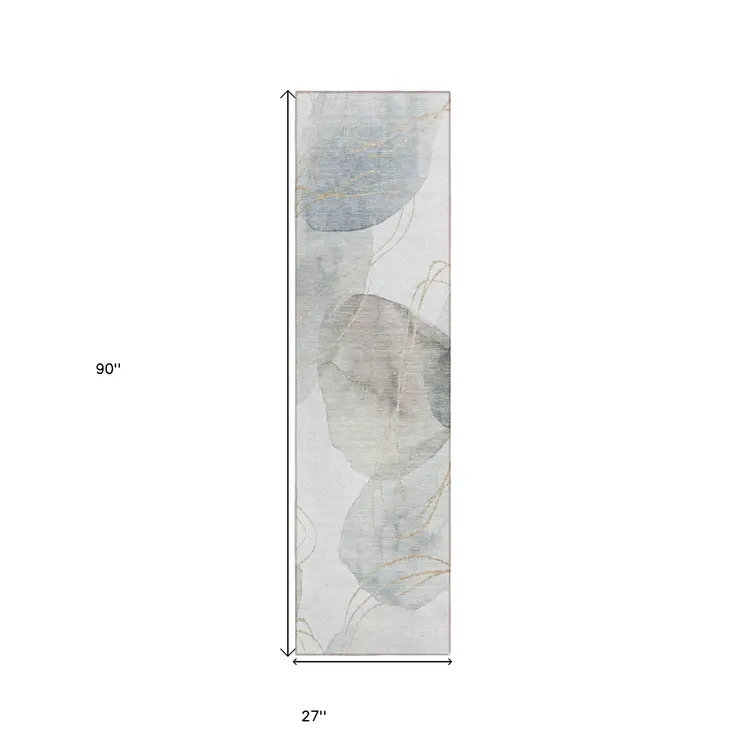 8' Ivory Blue And Gray Abstract Washable Indoor Outdoor Runner Rug