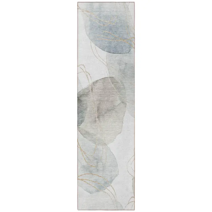 8' Ivory Blue And Gray Abstract Washable Indoor Outdoor Runner Rug