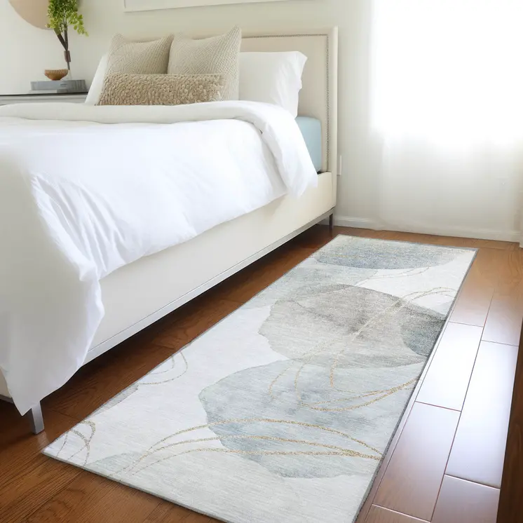 8' Ivory Blue And Gray Abstract Washable Indoor Outdoor Runner Rug