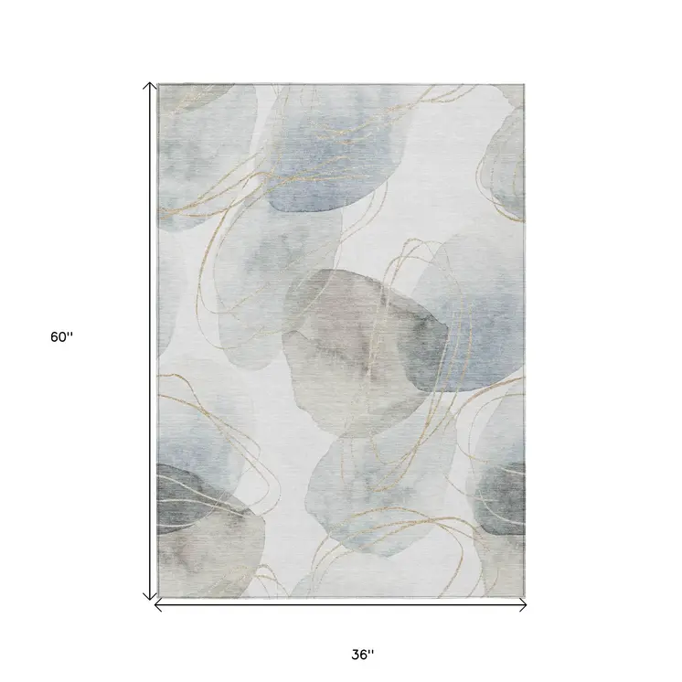 3' X 5' Ivory Blue and Gray Abstract Washable Non Skid Indoor Outdoor Area Rug