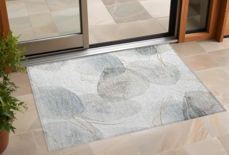 3' X 5' Ivory Blue and Gray Abstract Washable Non Skid Indoor Outdoor Area Rug