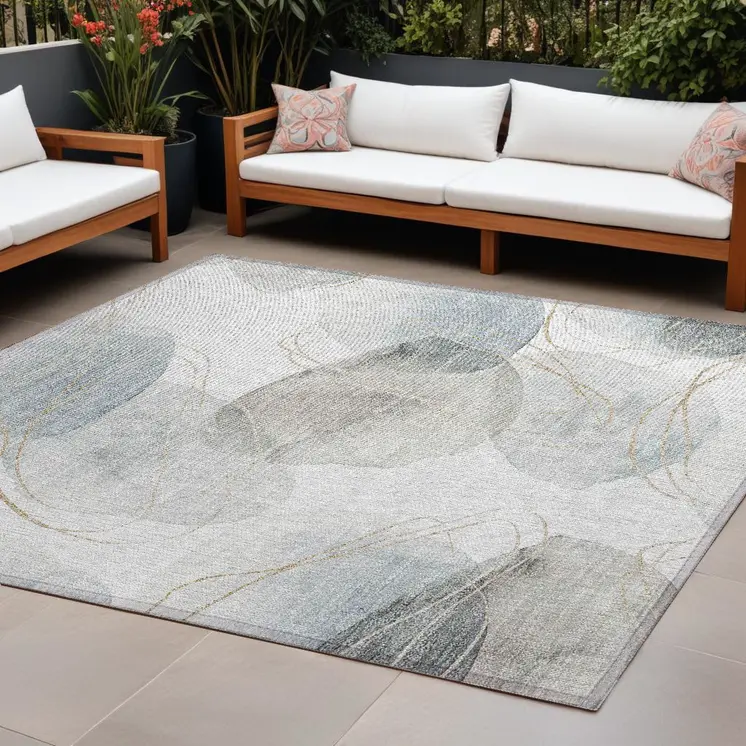 9' X 12' Ivory Blue and Gray Abstract Washable Non Skid Indoor Outdoor Area Rug