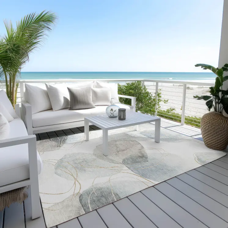 9' X 12' Ivory Blue and Gray Abstract Washable Non Skid Indoor Outdoor Area Rug