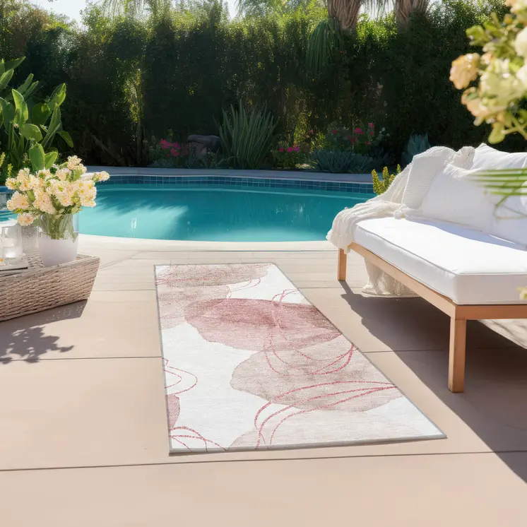 8' Runner Merlot and Ivory Abstract Washable Non Skid Indoor Outdoor Runner Rug