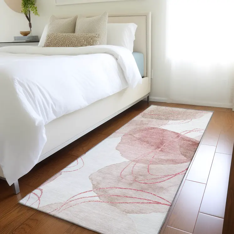8' Runner Merlot and Ivory Abstract Washable Non Skid Indoor Outdoor Runner Rug