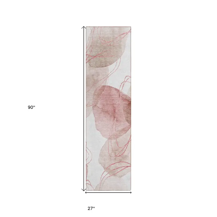 8' Runner Merlot and Ivory Abstract Washable Non Skid Indoor Outdoor Runner Rug