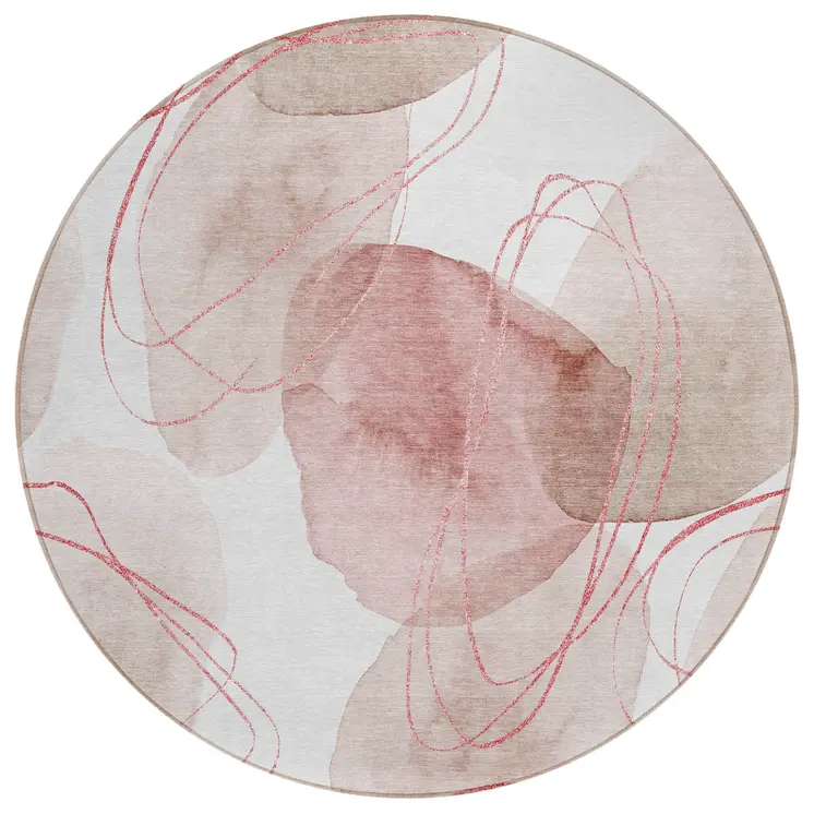 8' Round Merlot and Ivory Round Abstract Washable Non Skid Indoor Outdoor Area Rug