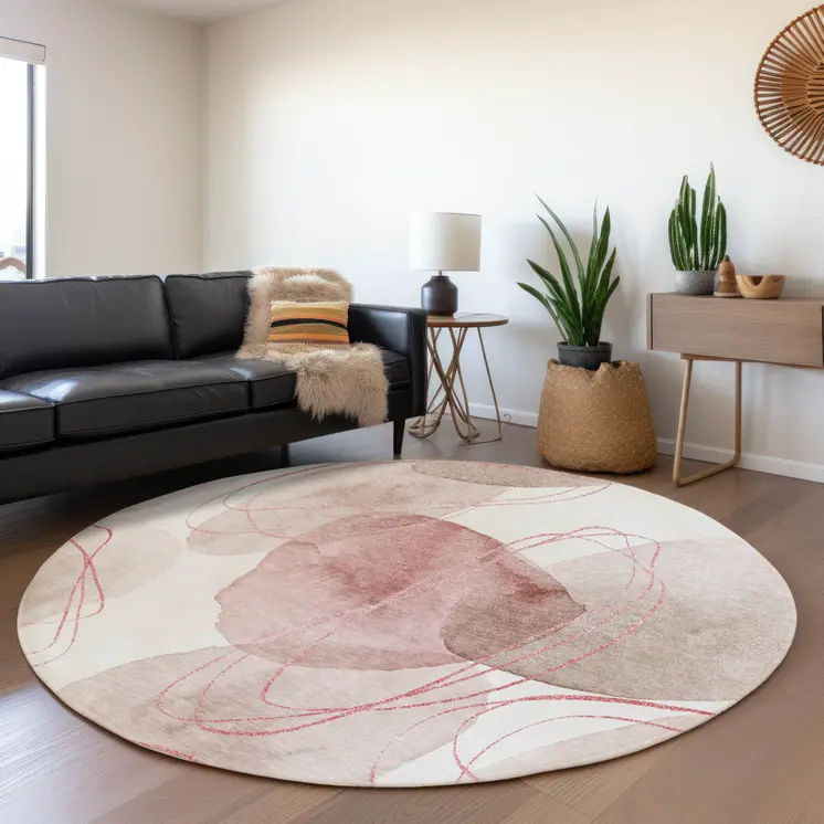 8' Round Merlot and Ivory Round Abstract Washable Non Skid Indoor Outdoor Area Rug
