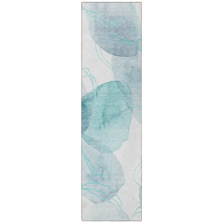 8' Runner Teal and Ivory Abstract Washable Non Skid Indoor Outdoor Runner Rug