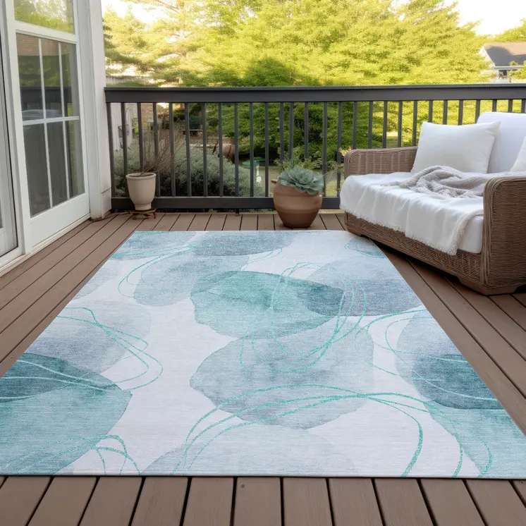 3' X 5' Teal and Ivory Abstract Washable Non Skid Indoor Outdoor Area Rug