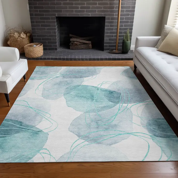8' X 10' Teal and Ivory Abstract Washable Non Skid Indoor Outdoor Area Rug