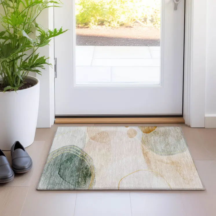 2' X 3' Beige and Green Abstract Washable Non Skid Indoor Outdoor Area Rug