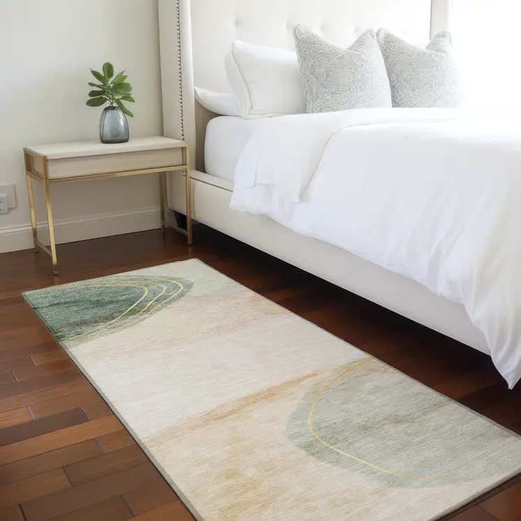 8' Runner Beige and Green Abstract Washable Non Skid Indoor Outdoor Runner Rug