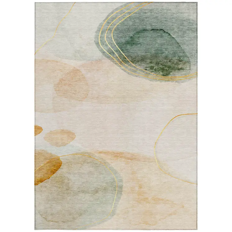 3' X 5' Beige And Green Abstract Washable Indoor Outdoor Area Rug
