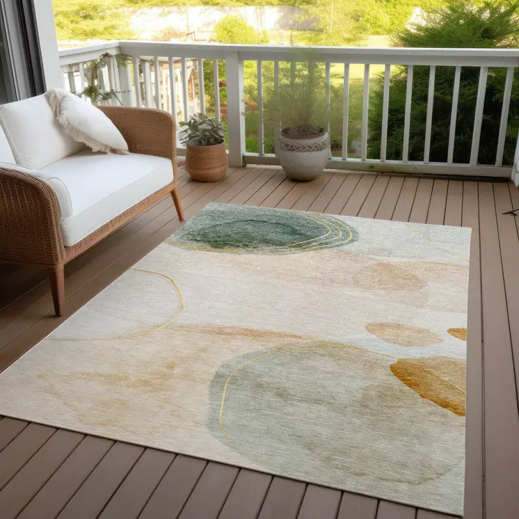 3' X 5' Beige And Green Abstract Washable Indoor Outdoor Area Rug