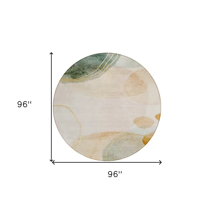 8' Round Beige and Green Round Abstract Washable Non Skid Indoor Outdoor Area Rug