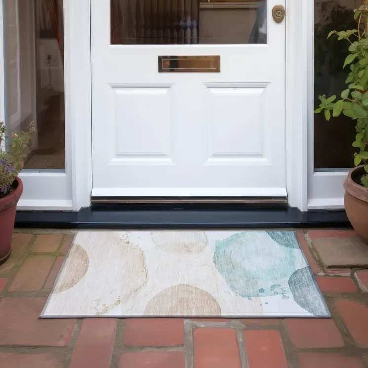2' X 3' Beige and Blue Abstract Washable Non Skid Indoor Outdoor Area Rug