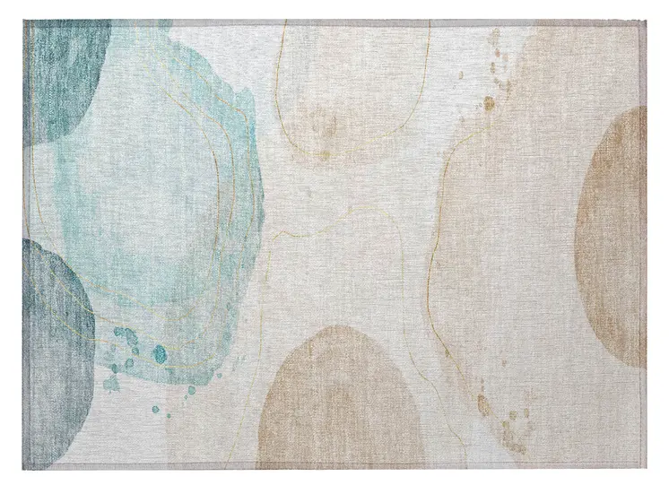2' X 3' Beige and Blue Abstract Washable Non Skid Indoor Outdoor Area Rug