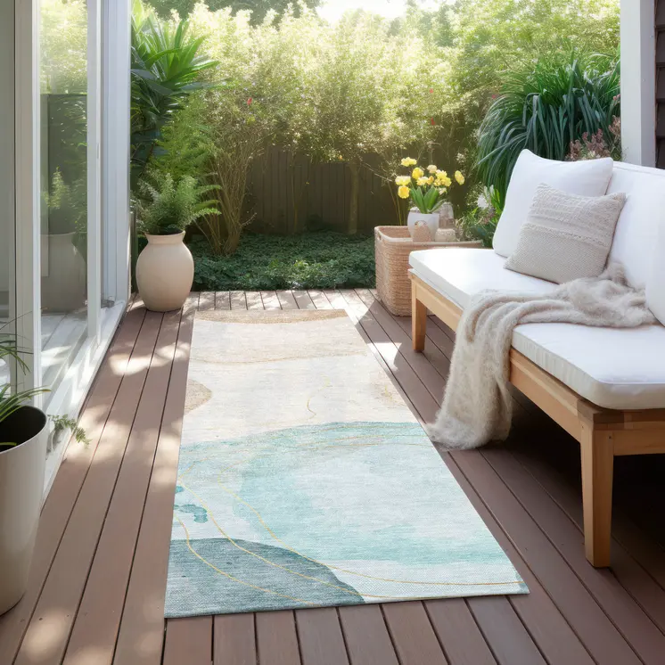 8' Runner Beige and Blue Abstract Washable Non Skid Indoor Outdoor Runner Rug