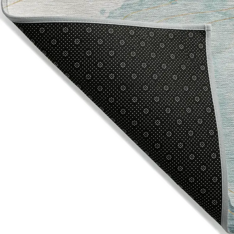 8' Runner Beige and Blue Abstract Washable Non Skid Indoor Outdoor Runner Rug