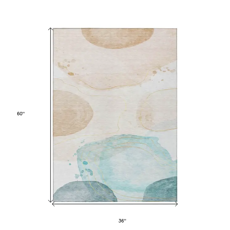 3' X 5' Beige and Blue Abstract Washable Non Skid Indoor Outdoor Area Rug