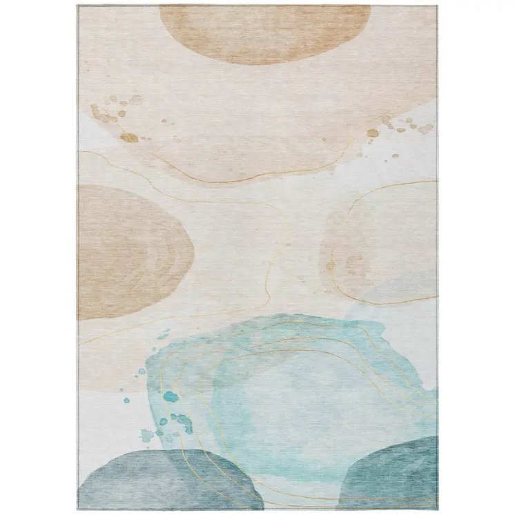 3' X 5' Beige and Blue Abstract Washable Non Skid Indoor Outdoor Area Rug