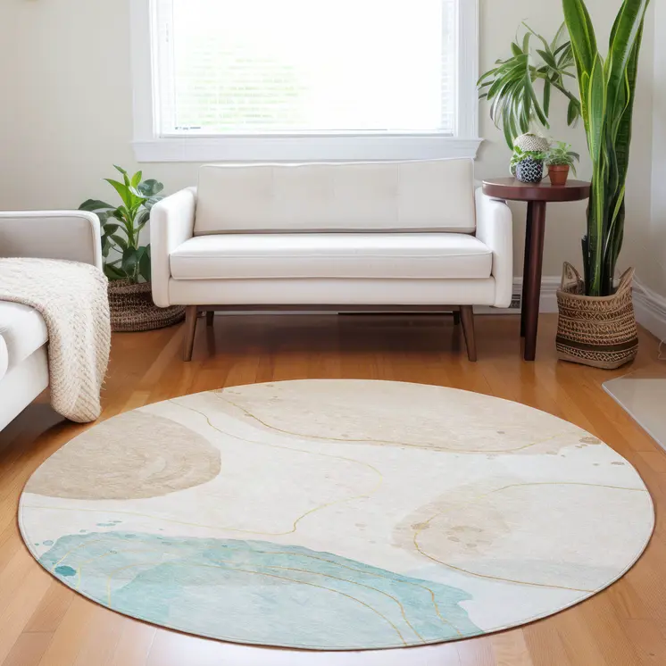 8' Round Beige and Blue Round Abstract Washable Non Skid Indoor Outdoor Area Rug
