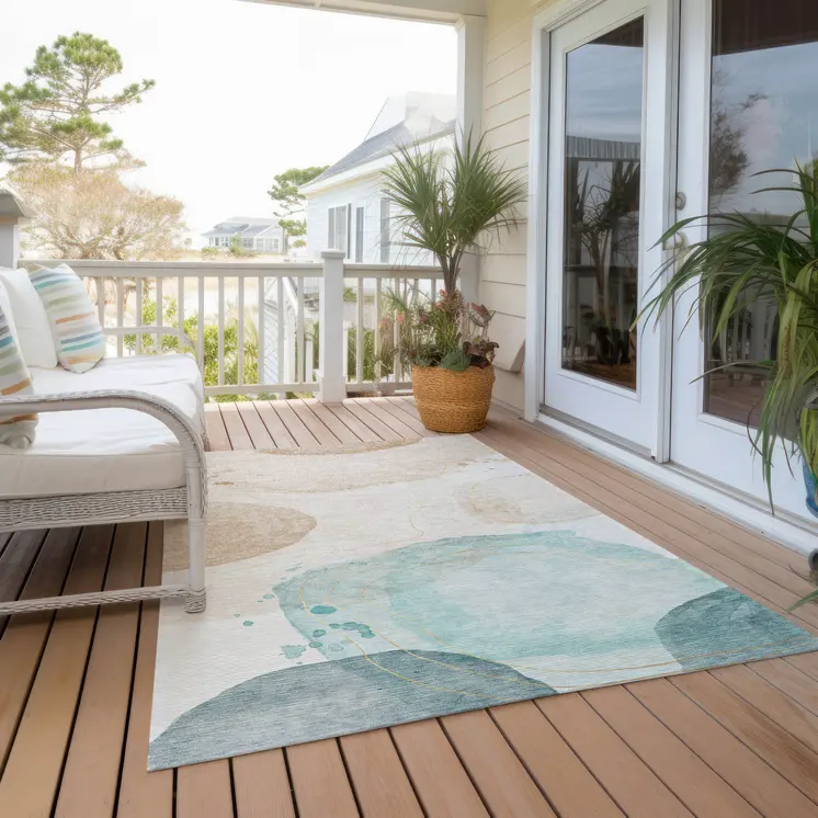 9' X 12' Beige and Blue Abstract Washable Non Skid Indoor Outdoor Area Rug