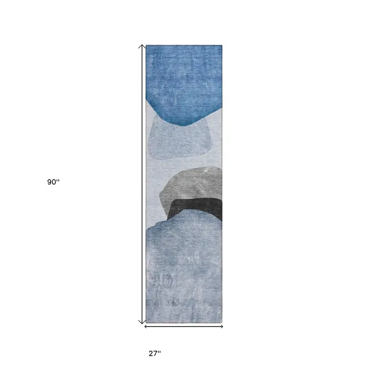 8' Runner Blue Gray and Black Abstract Washable Non Skid Indoor Outdoor Runner Rug