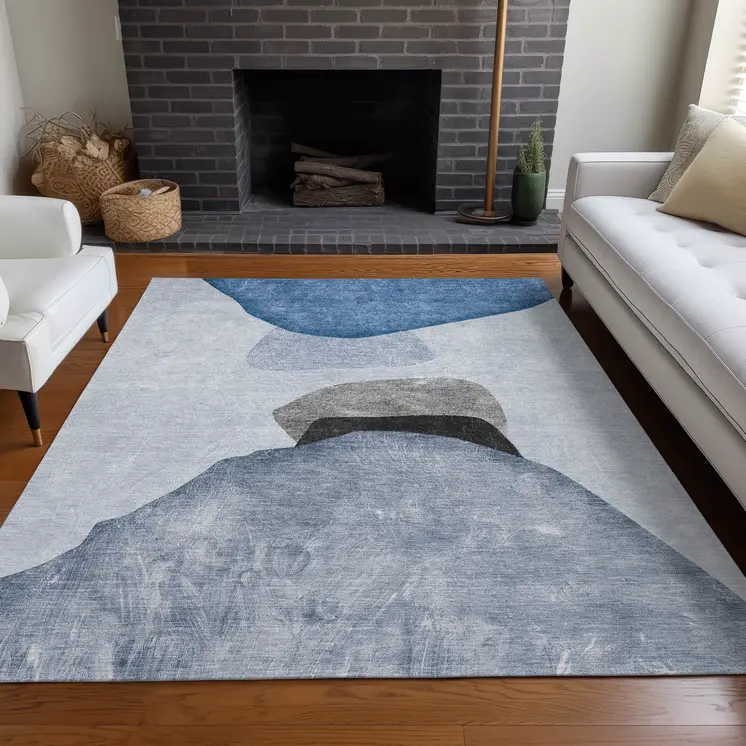 10' X 14' Blue Gray and Black Abstract Washable Non Skid Indoor Outdoor Area Rug