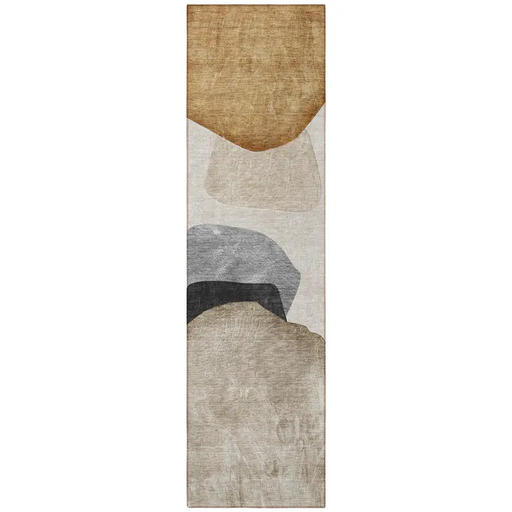 8' Runner Tan Brown and Gray Abstract Washable Non Skid Indoor Outdoor Runner Rug