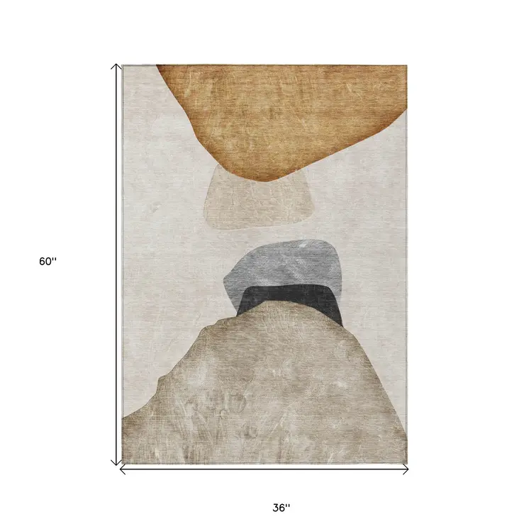 3' X 5' Tan Brown and Gray Abstract Washable Non Skid Indoor Outdoor Area Rug